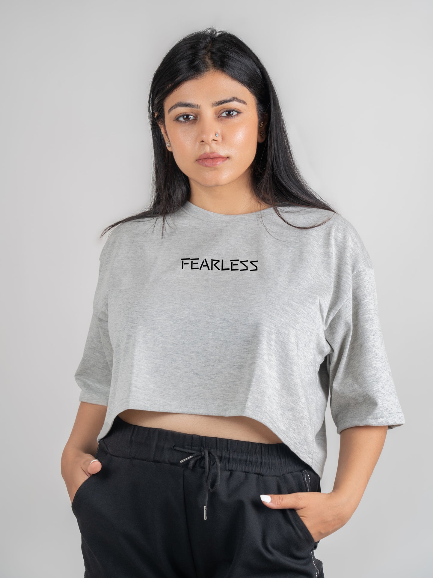 Fearless DropShoulder Crop Tee In Grey Melange