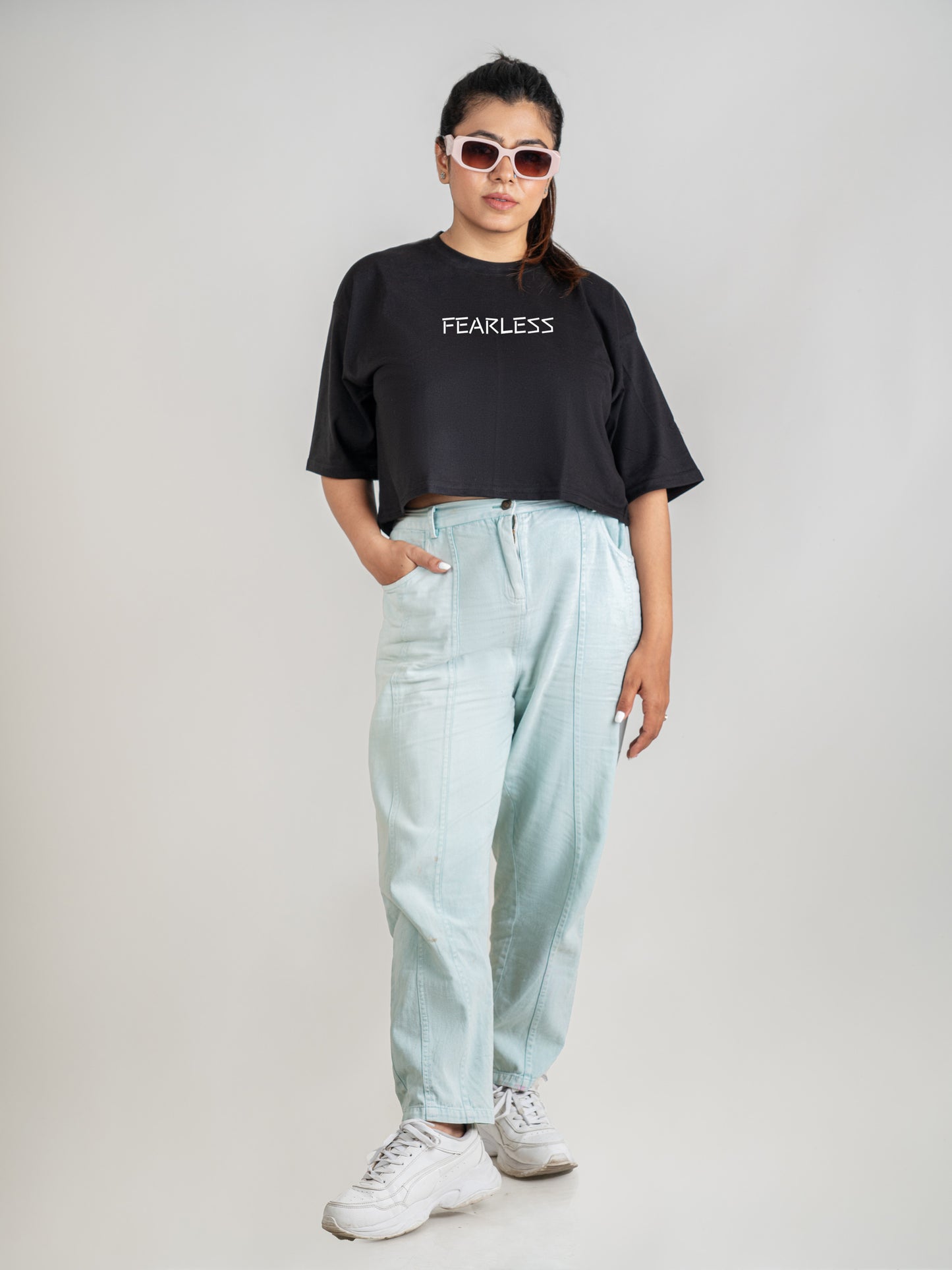 Fearless Black DropShoulder Crop Tee For Women