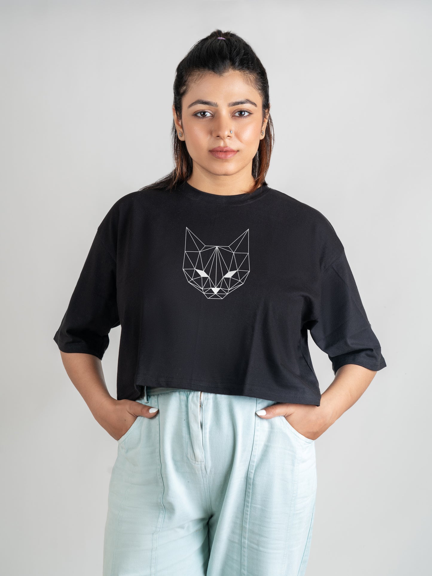 Fox Black DropShoulder Crop Tee For Women