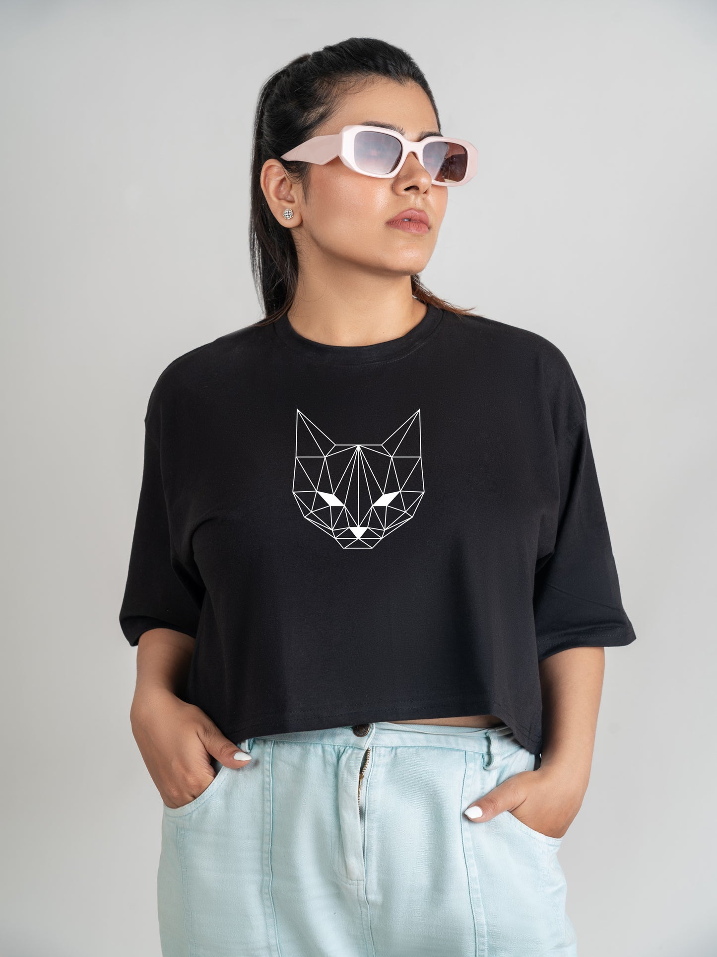 Fox Black DropShoulder Crop Tee For Women