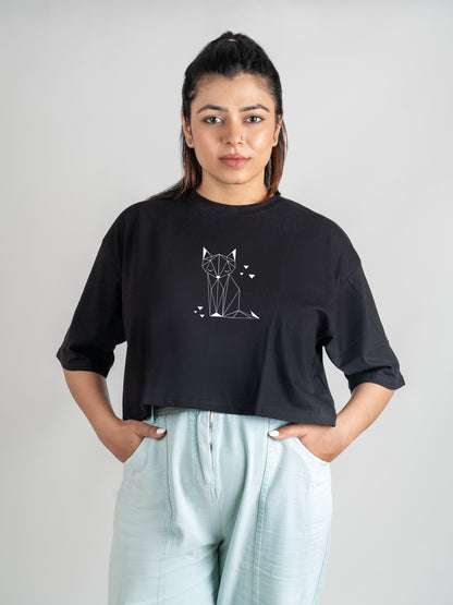 Fox Sitting DropShoulder Crop-Black