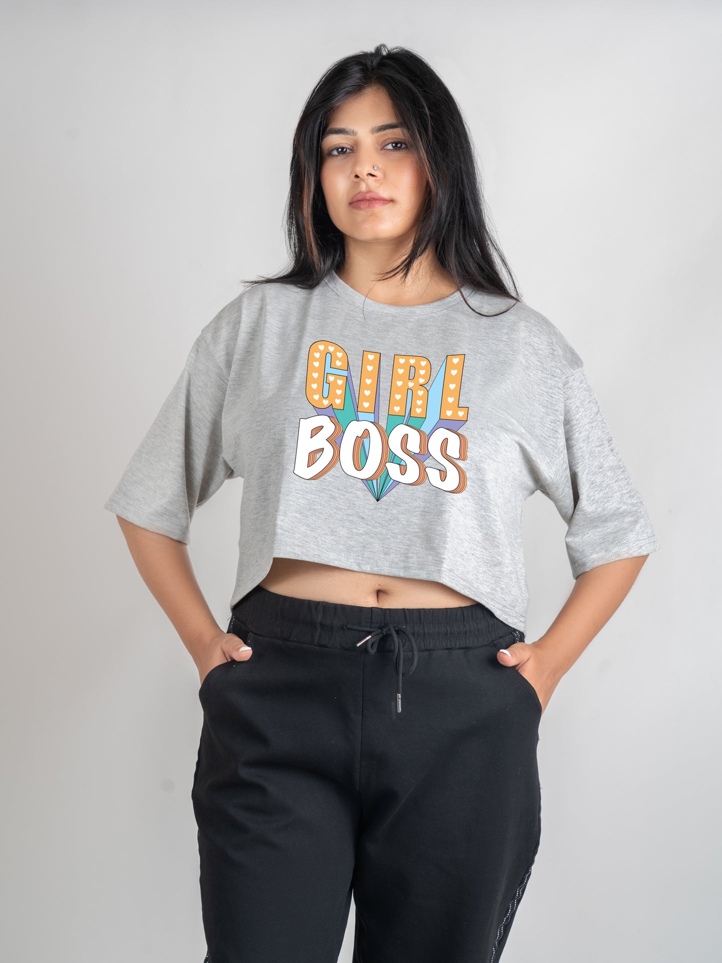 Girl Boss DropShoulder Crop Tee In Grey Melange