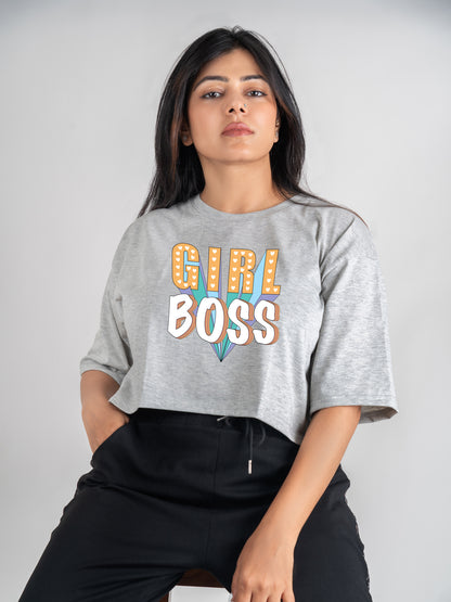 Girl Boss DropShoulder Crop Tee In Grey Melange