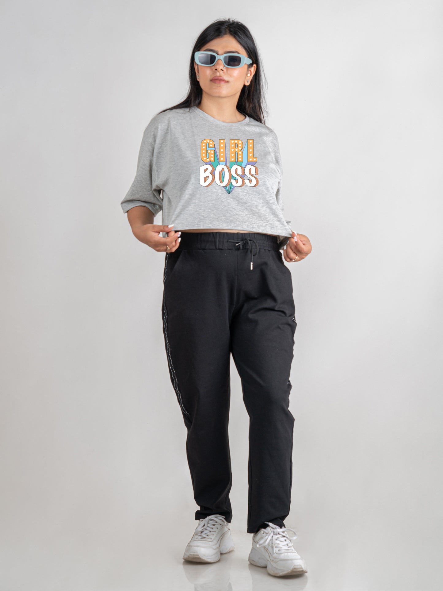 Girl Boss DropShoulder Crop Tee In Grey Melange