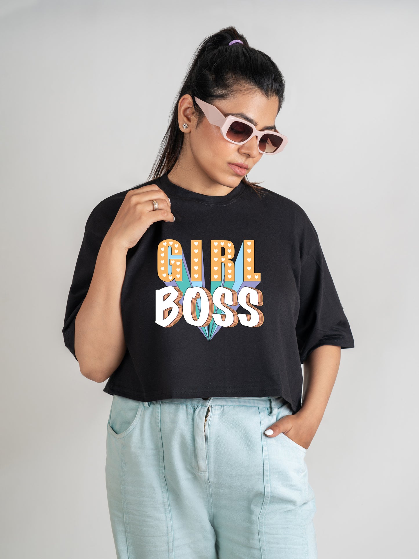 Girl Boss DropShoulder Crop Tee-Black