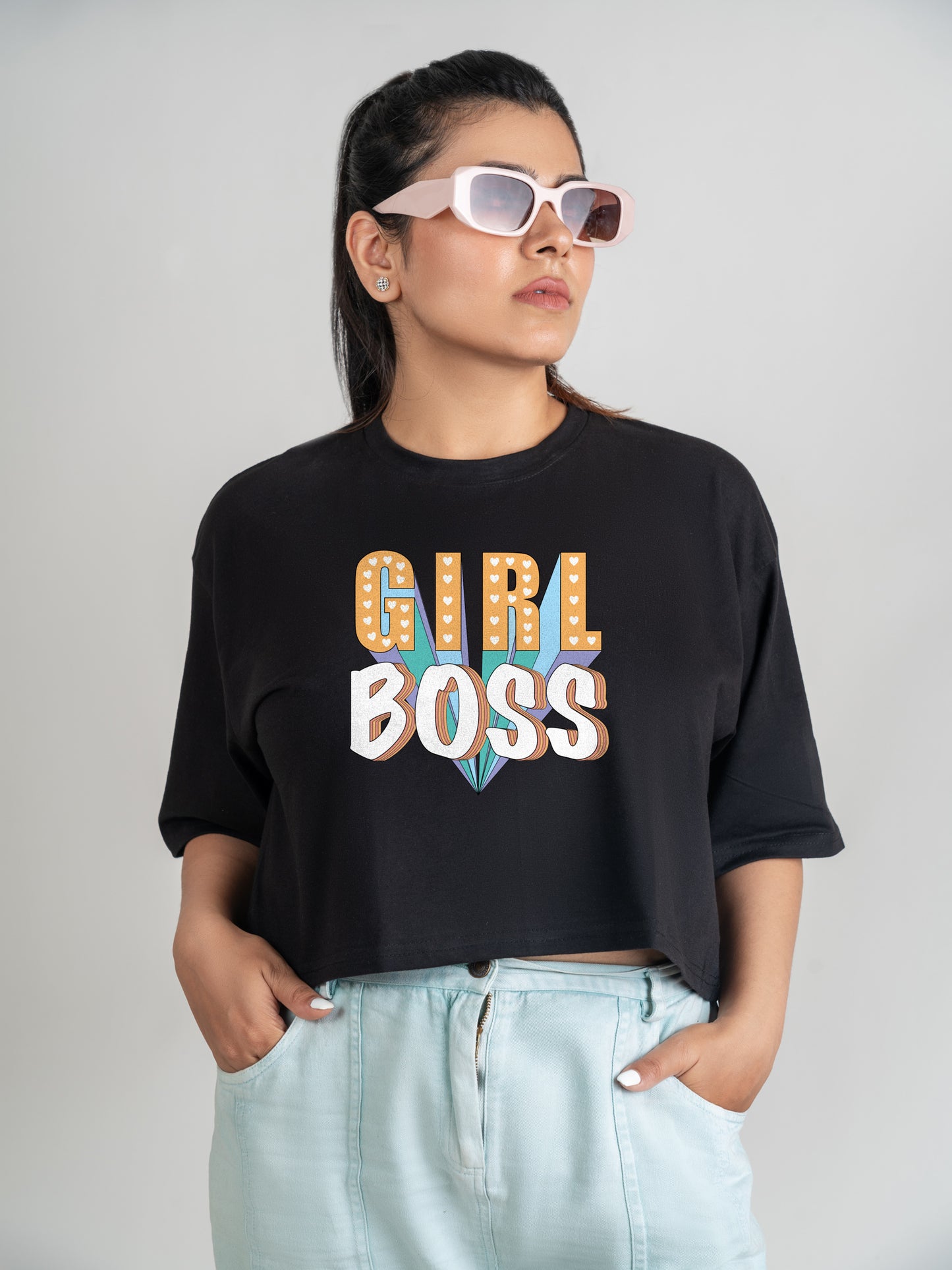 Girl Boss DropShoulder Crop Tee-Black