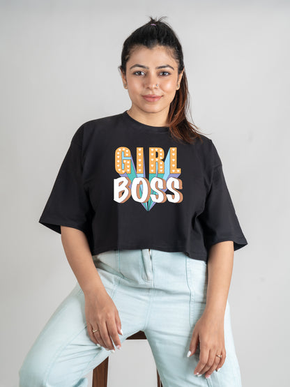 Girl Boss DropShoulder Crop Tee-Black