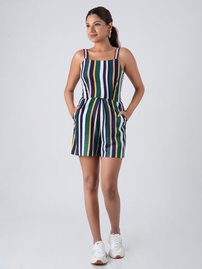 Green Strip Sleveless Belted Romper