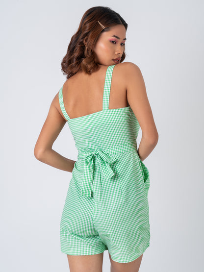 Green Check Slevless Belted - Romper