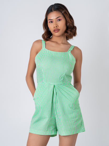 Green Check Slevless Belted - Romper