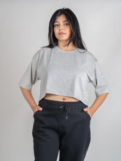 Classic DropShoulder Crop Tee In Grey Melange