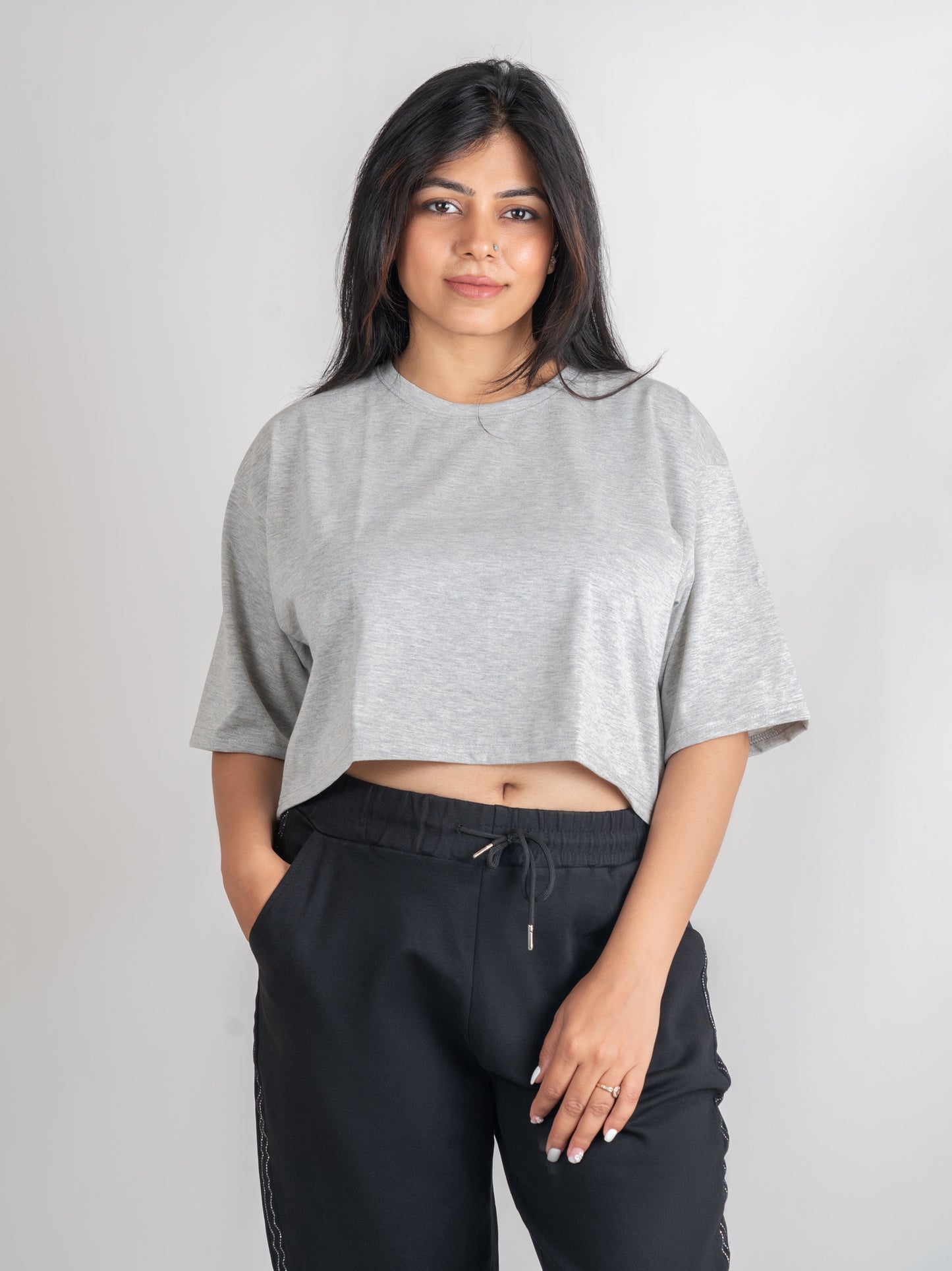 Classic DropShoulder Crop Tee In Grey Melange