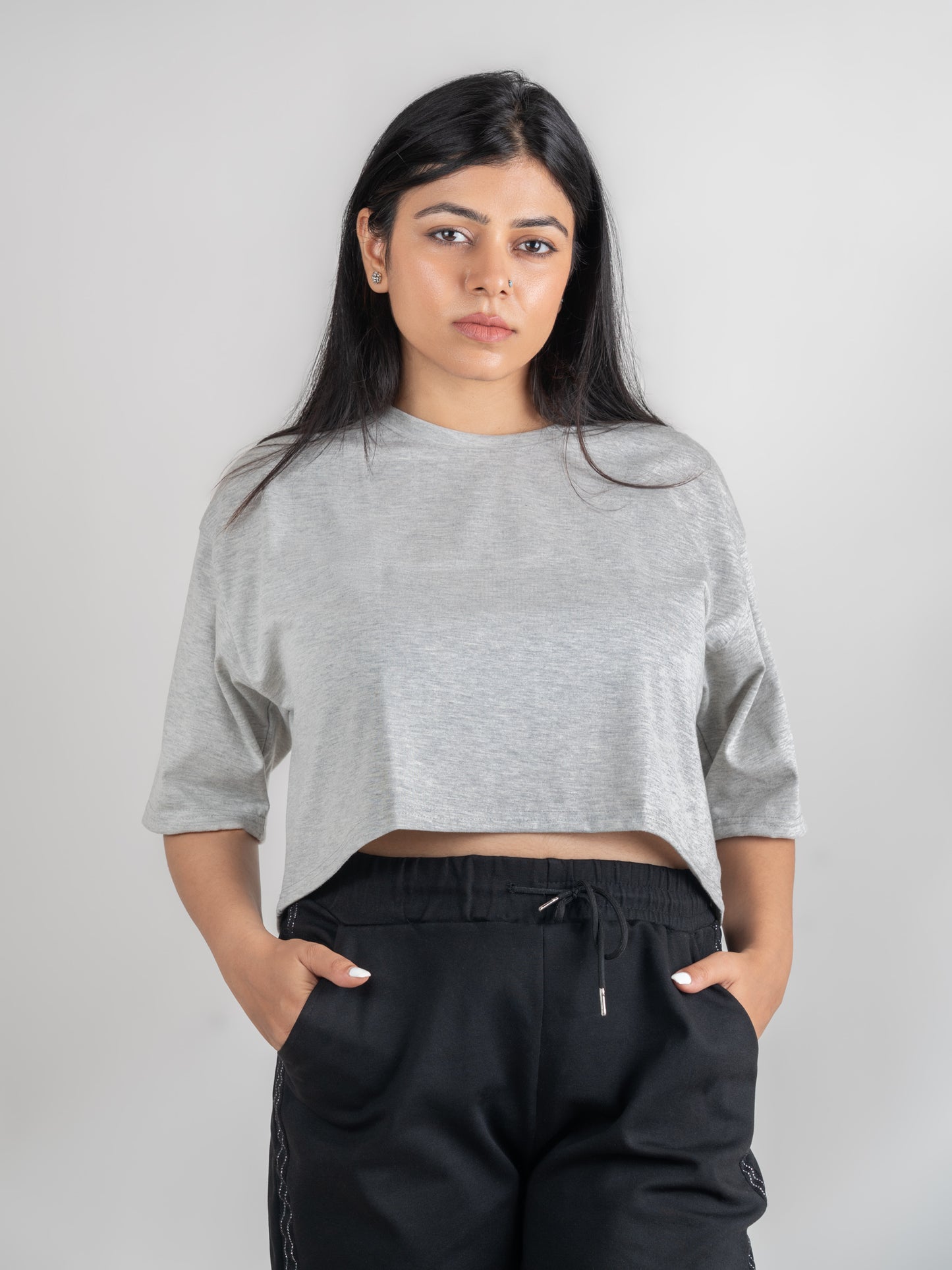 Classic DropShoulder Crop Tee In Grey Melange