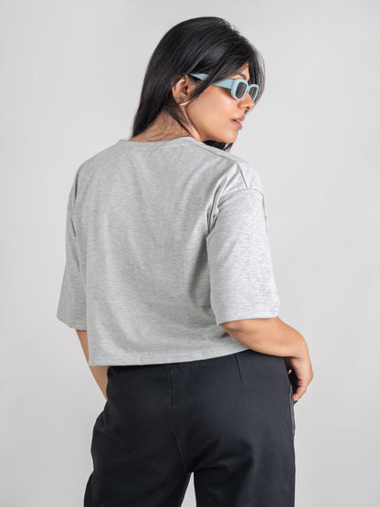 Bad Bitch DropShoulder Crop Tee In Grey Melange